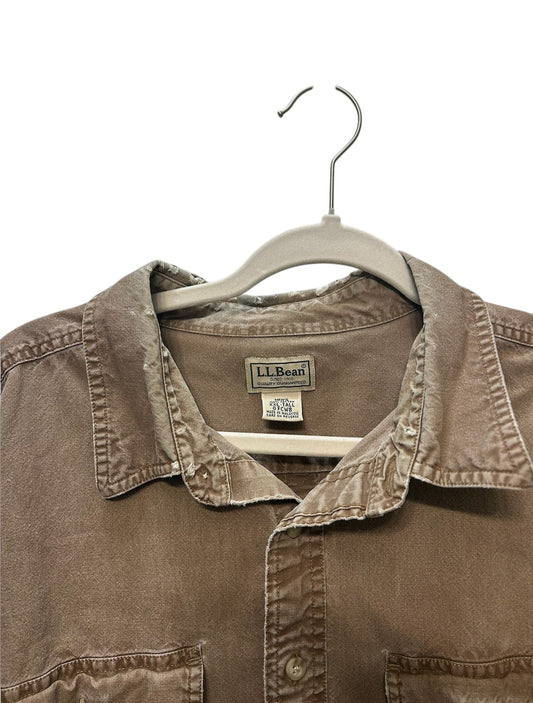 L.L.Bean long-sleeve button-down work shirt in a tan/khaki color with dual chest pockets.
