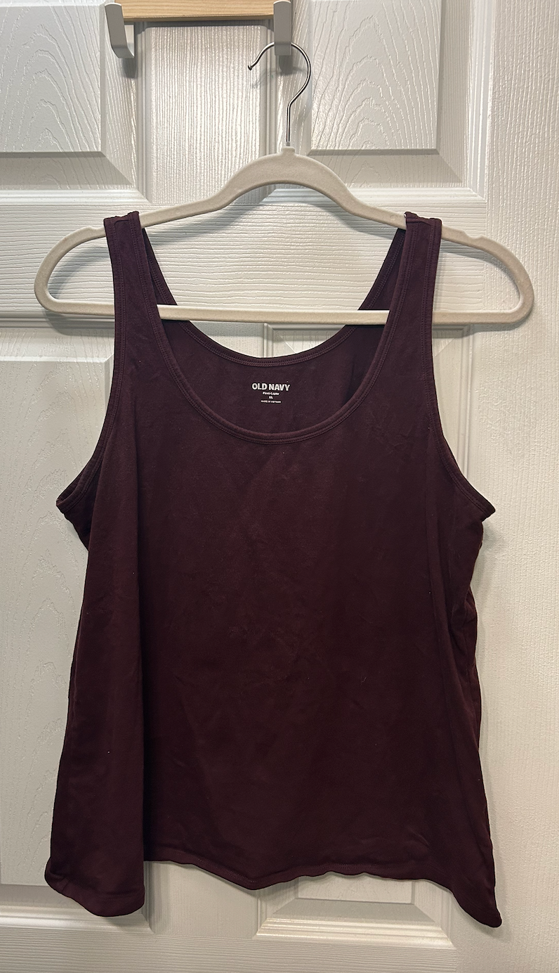Dark burgundy/plum colored basic tank top from Old Navy with scoop neckline.