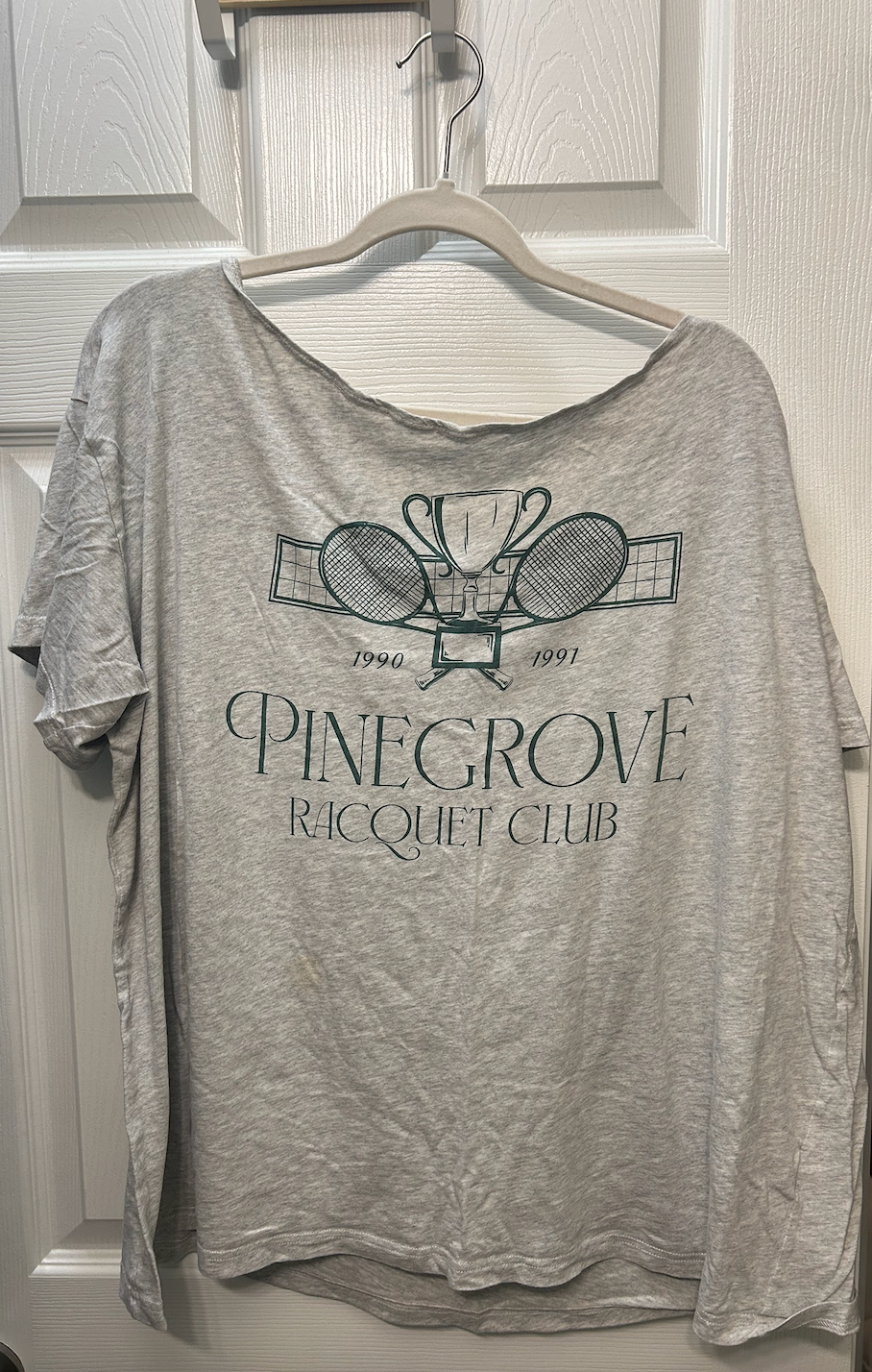 Heather gray oversized t-shirt with vintage Pinegrove Racquet Club tennis graphic from 1990-1991.