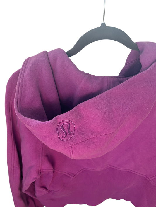 Lululemon M/L purple cropped half-zip scuba hoodie with kangaroo pocket and fleece lining.