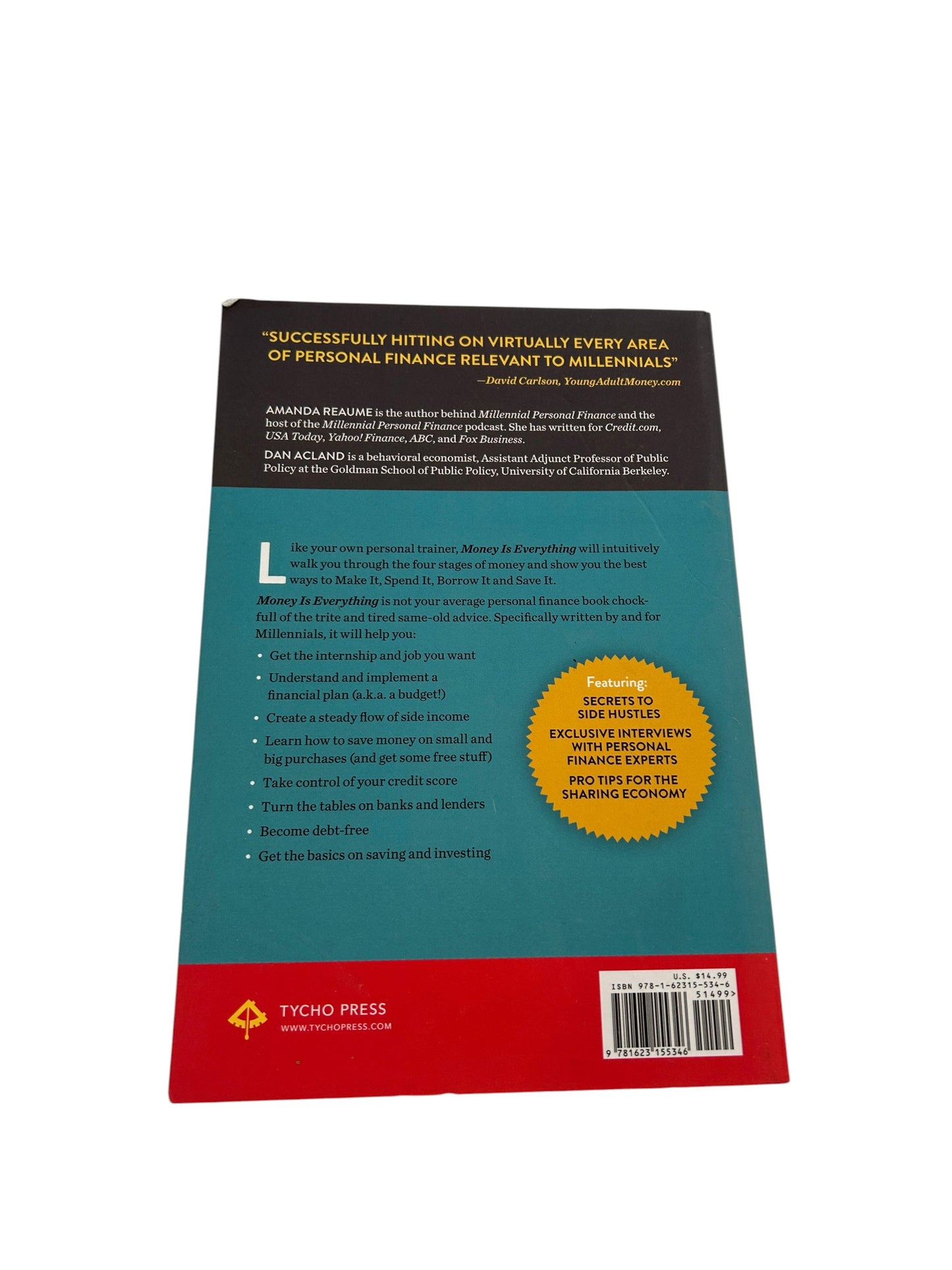 Personal finance book titled 'Money Is Everything: 99 Real-Life Money Hacks' by Amanda Reaume.