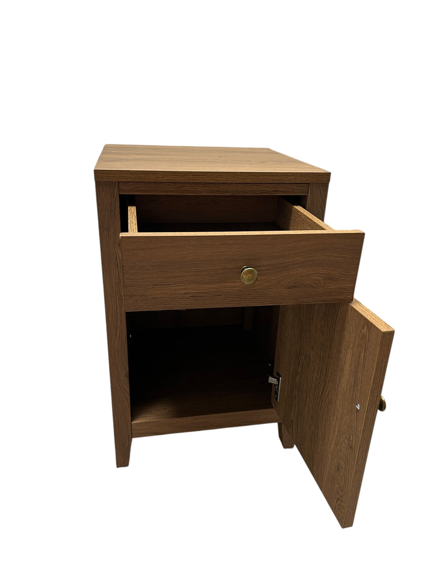 Wooden nightstand with one drawer and one cabinet door.