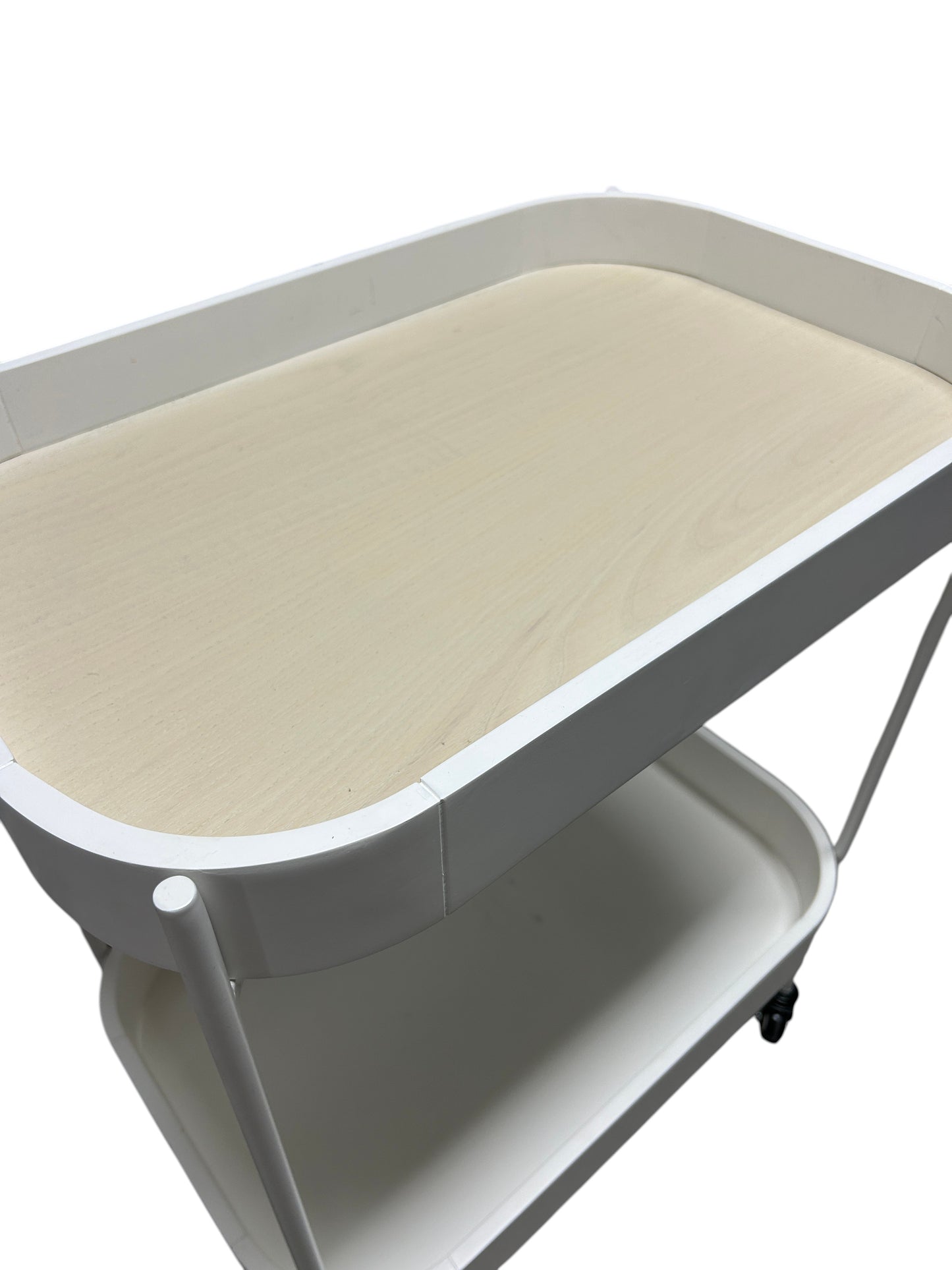 White and wooden 2 tier utility cart.