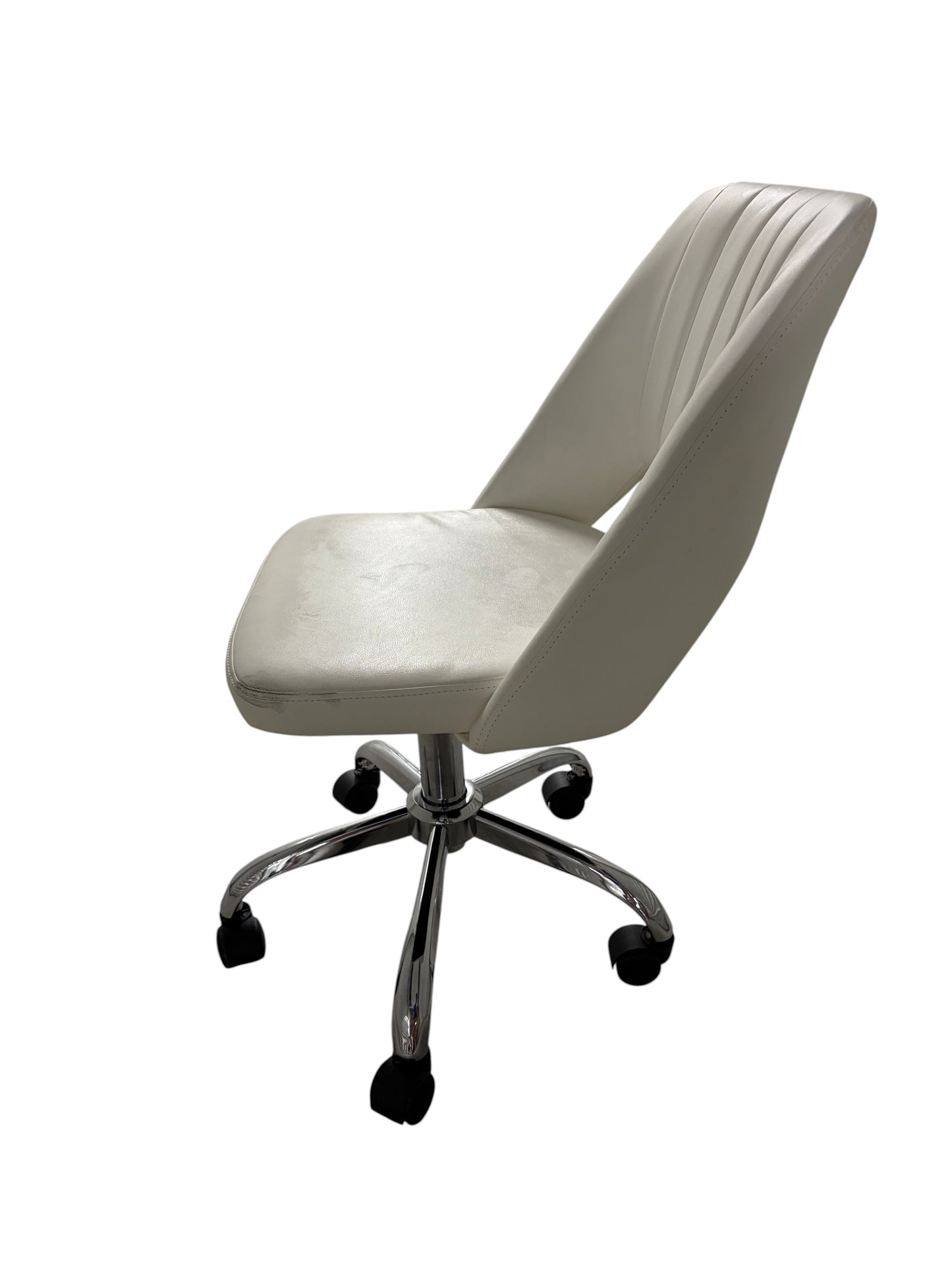 White desk chair with silver base and wheels.