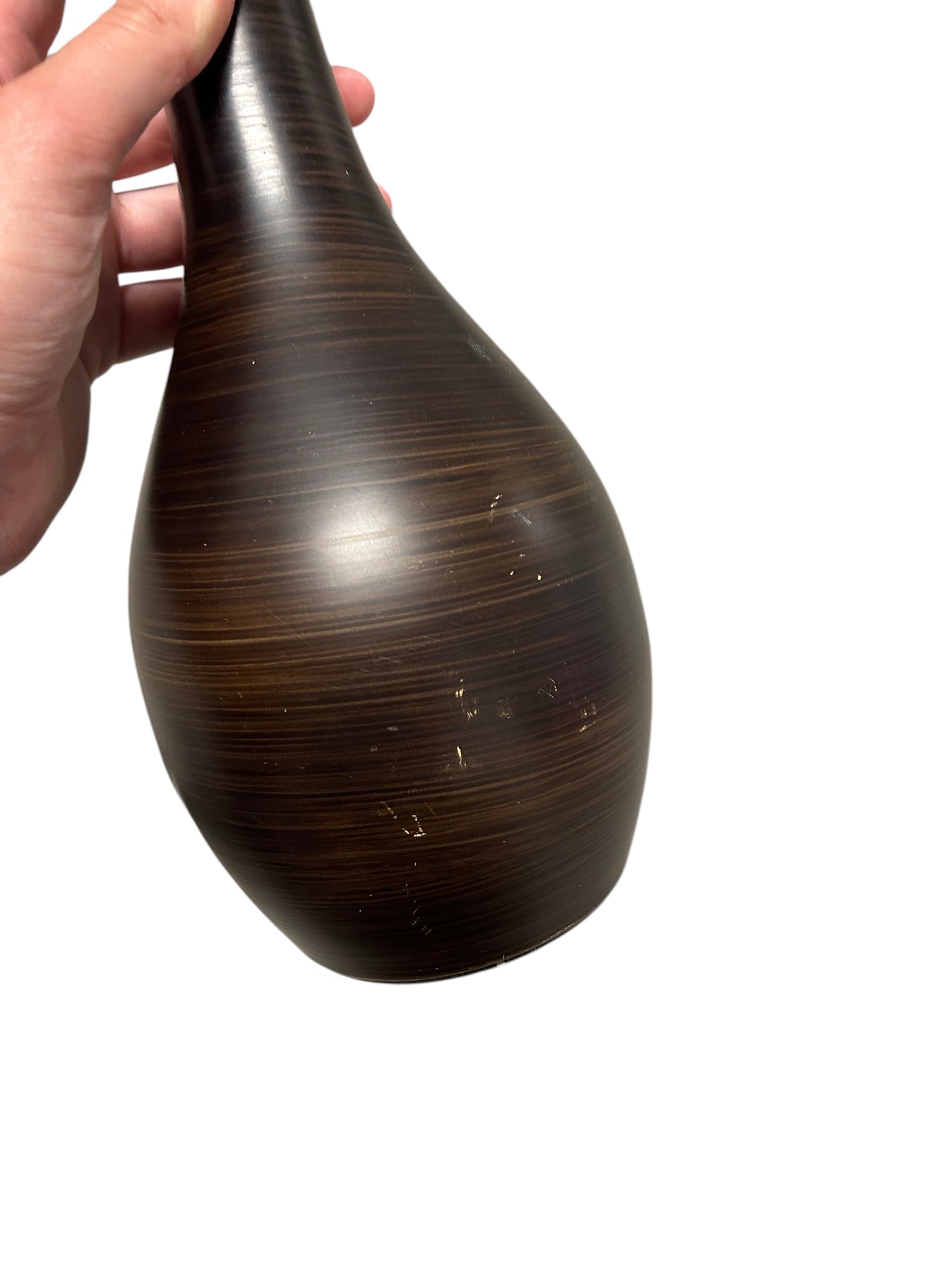 Brown wooden table lamp with cream shade.