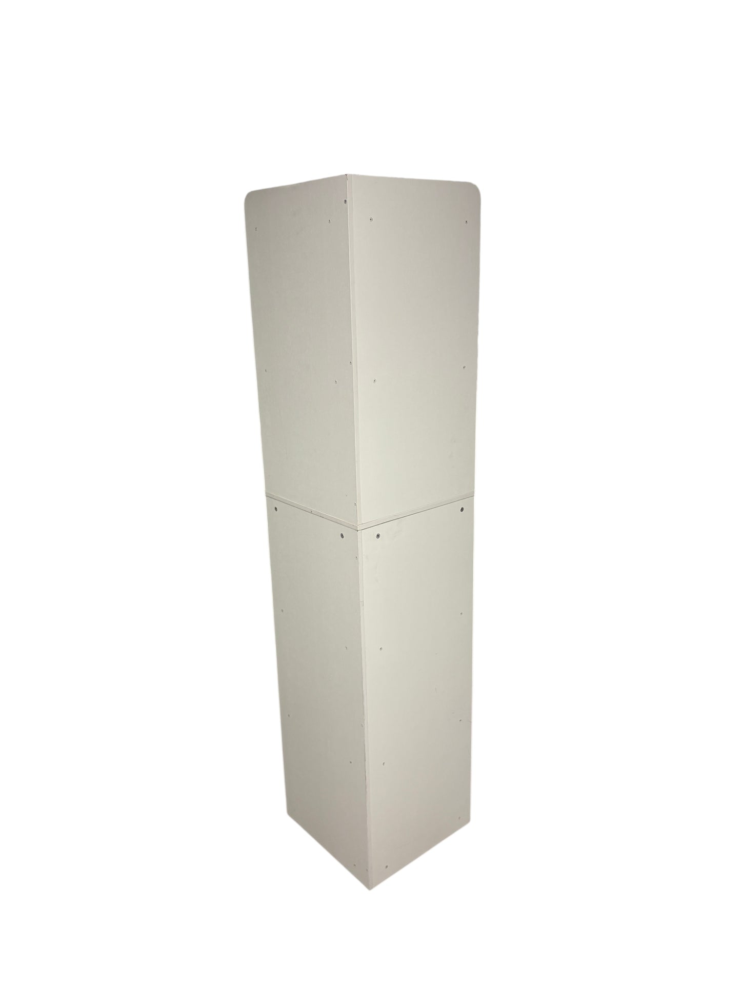 White tall corner shelving unit with 5 shelves.