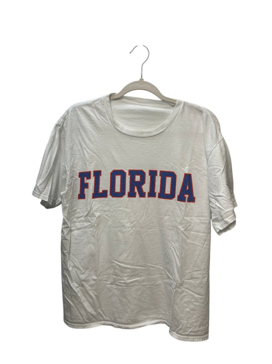 White short-sleeve t-shirt with "FLORIDA" printed in blue and orange collegiate lettering.