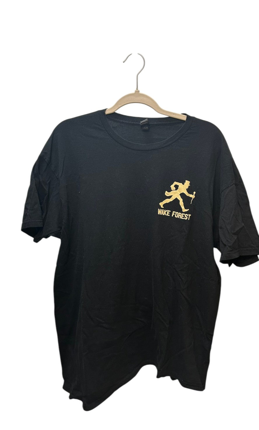 Black Wake Forest University short-sleeve t-shirt featuring the Demon Deacon mascot logo in gold.