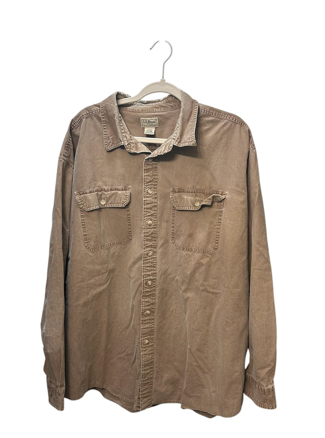 L.L.Bean long-sleeve button-down work shirt in a tan/khaki color with dual chest pockets.