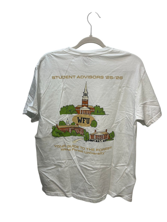 White Wake Forest University Student Advisors '25-'26 t-shirt with campus building graphics.