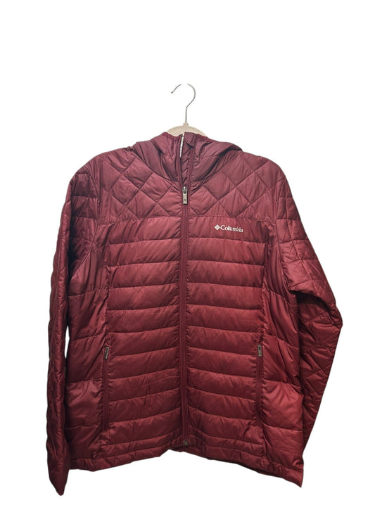 Columbia burgundy lightweight quilted puffer jacket with full zip and hood.