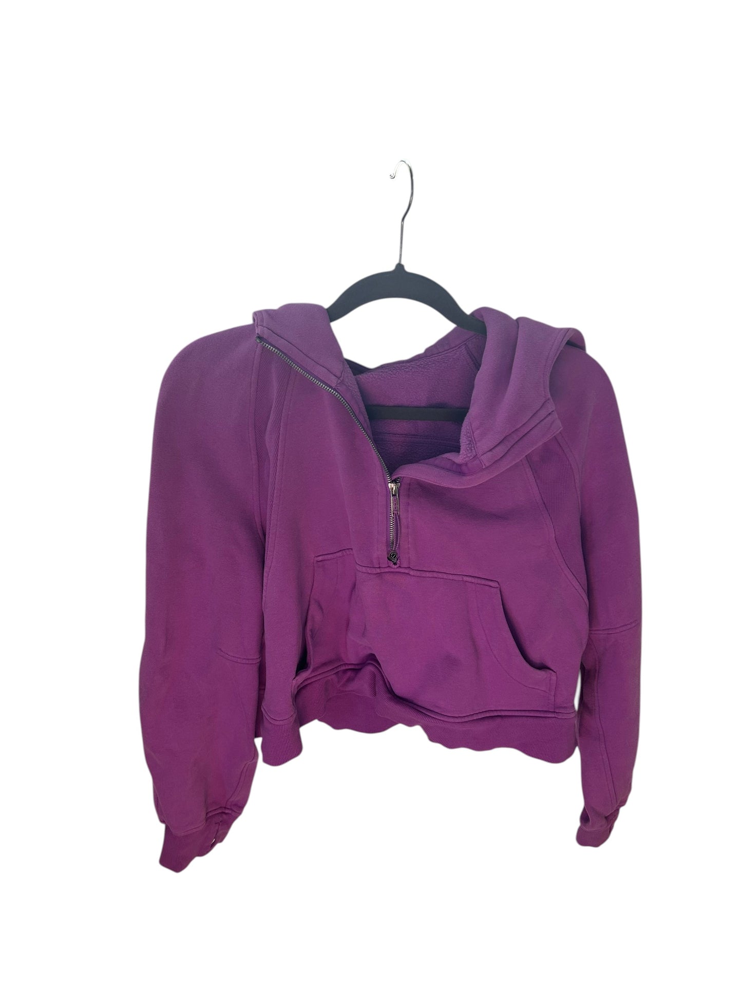 Lululemon M/L purple cropped half-zip scuba hoodie with kangaroo pocket and fleece lining.