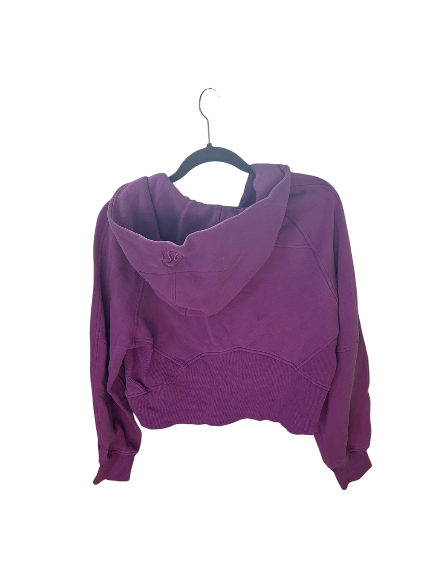 Lululemon M/L purple cropped half-zip scuba hoodie with kangaroo pocket and fleece lining.