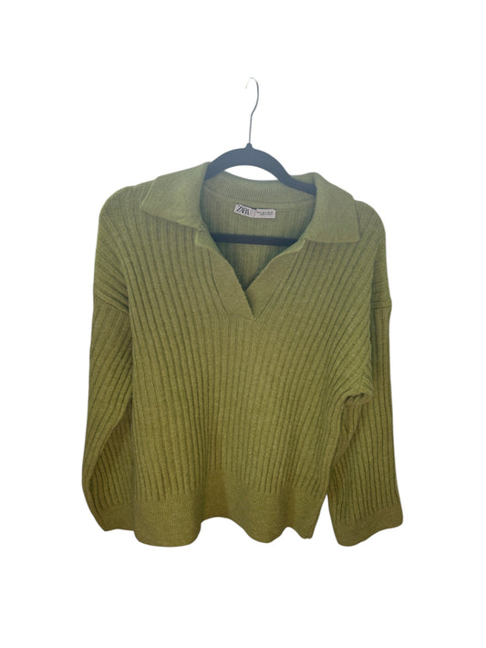 Zara ribbed knit polo sweater in a chartreuse green color with a relaxed fit and V-neck collar.