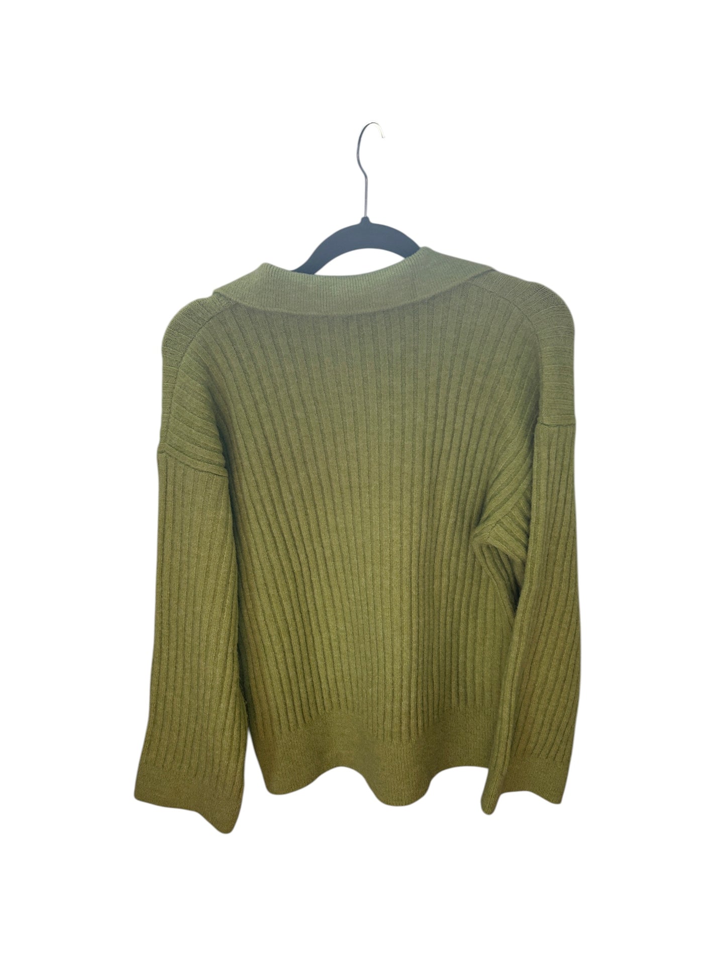 Zara ribbed knit polo sweater in a chartreuse green color with a relaxed fit and V-neck collar.