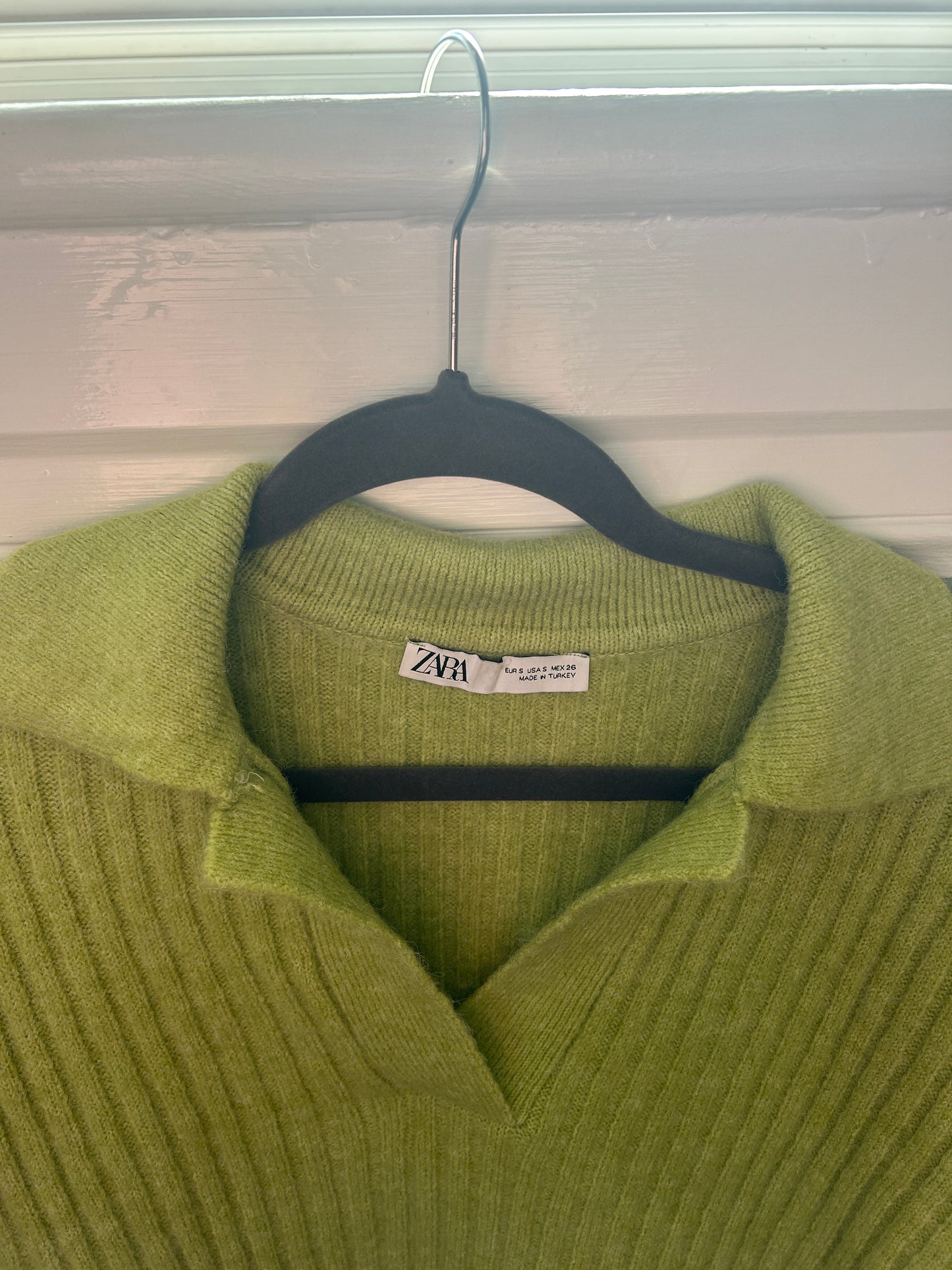 Zara ribbed knit polo sweater in a chartreuse green color with a relaxed fit and V-neck collar.