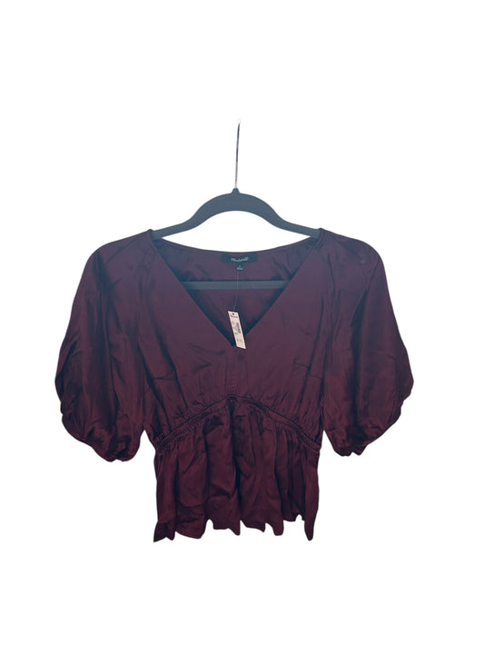 Madewell burgundy satin peplum blouse with puff sleeves and V-neckline, new with tags.
