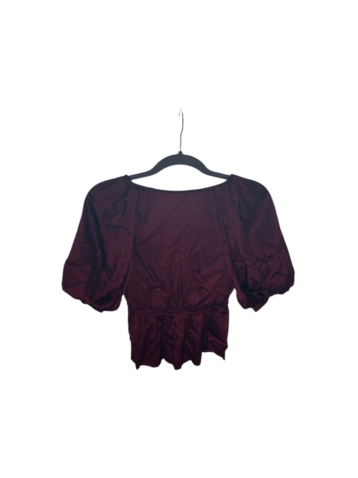 Madewell burgundy satin peplum blouse with puff sleeves and V-neckline, new with tags.