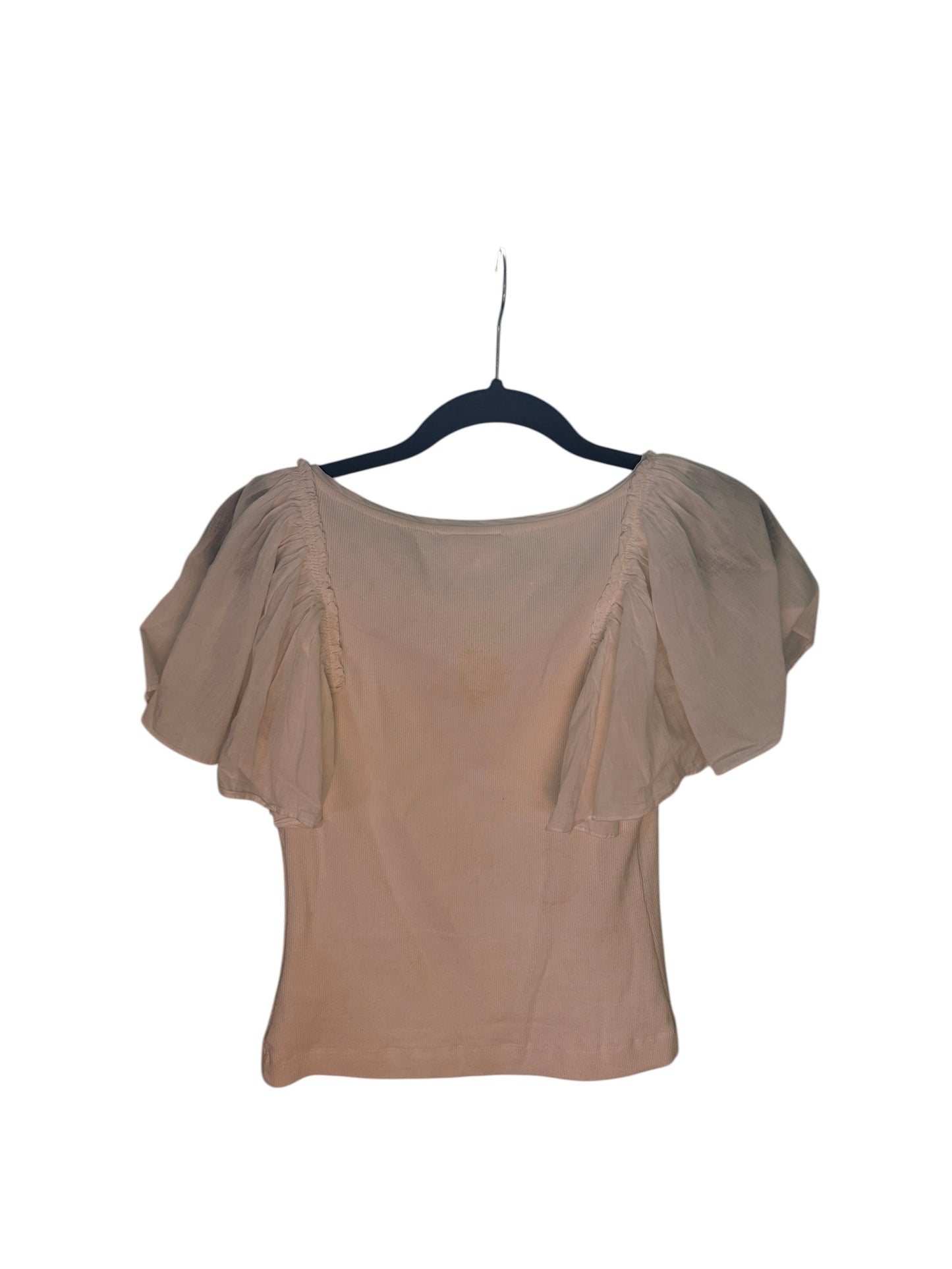Anthropologie Maeve white v-neck top with romantic sheer puff sleeves.