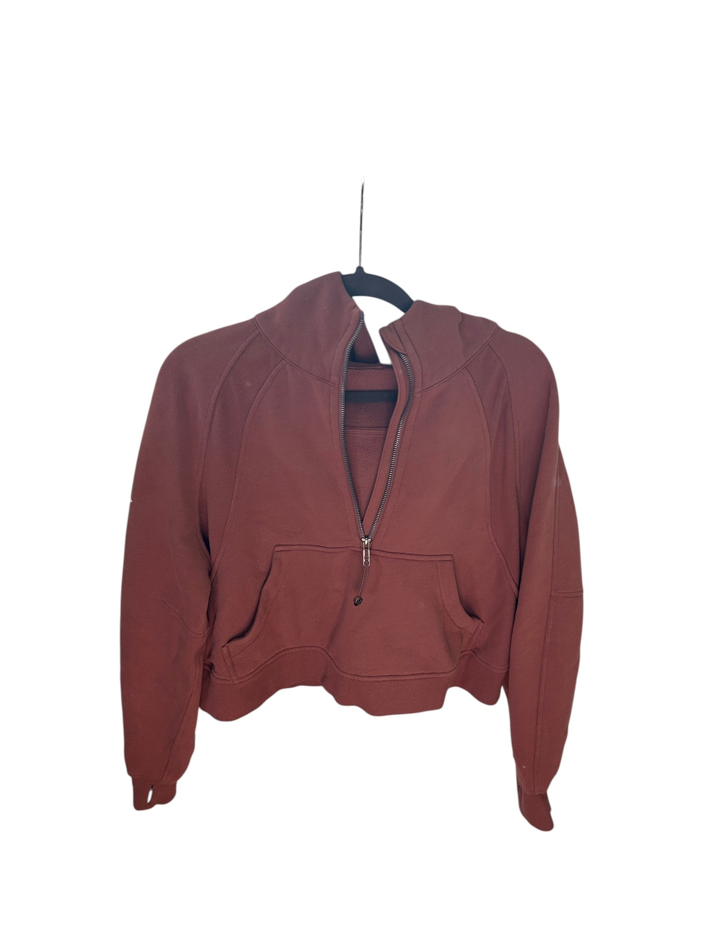 Lululemon M/L dusty rose cropped half-zip scuba hoodie with kangaroo pocket.