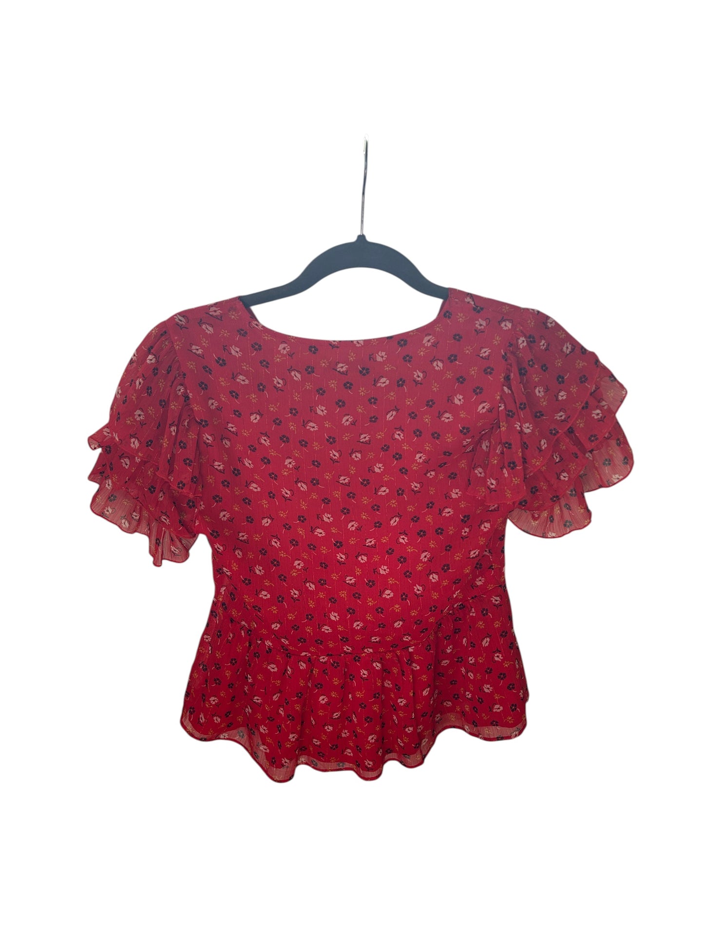 Madewell red floral wrap-style blouse with ruffled flutter sleeves and peplum hem.