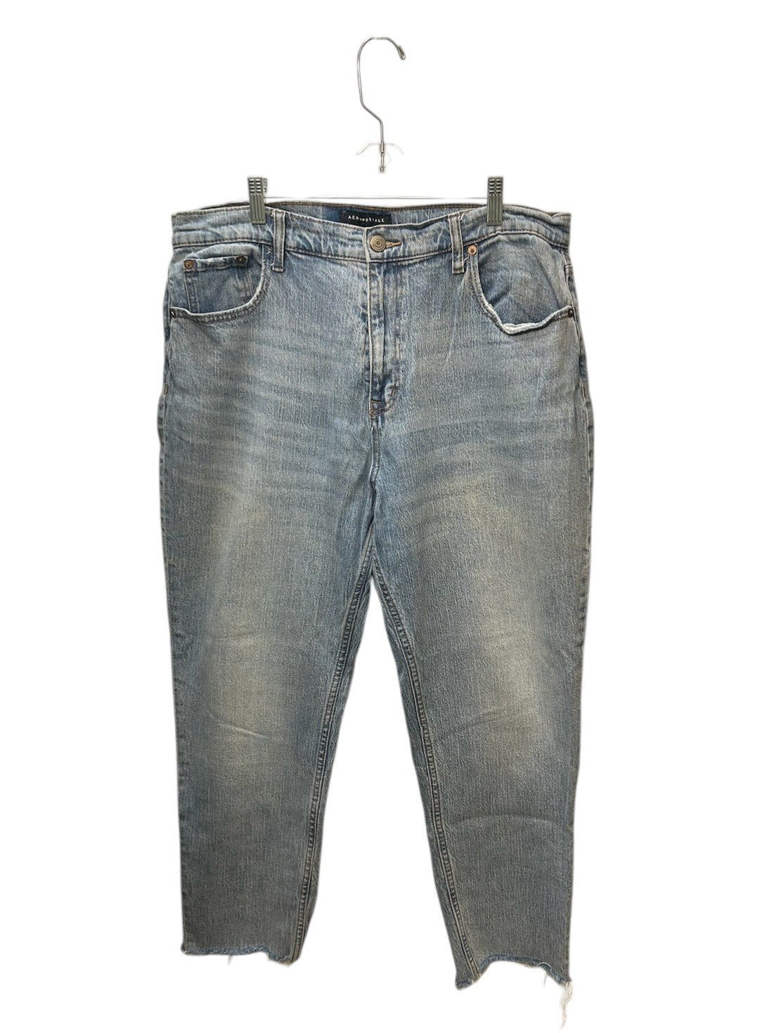 Light wash Aeropostale jeans with raw hem detail and relaxed fit.