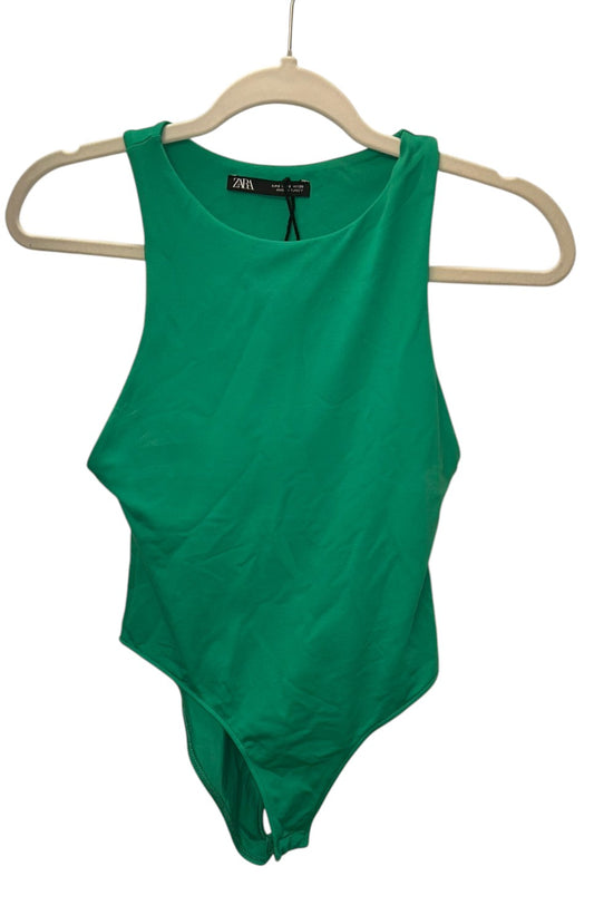Zara green sleeveless bodysuit with high neckline and snap closure.