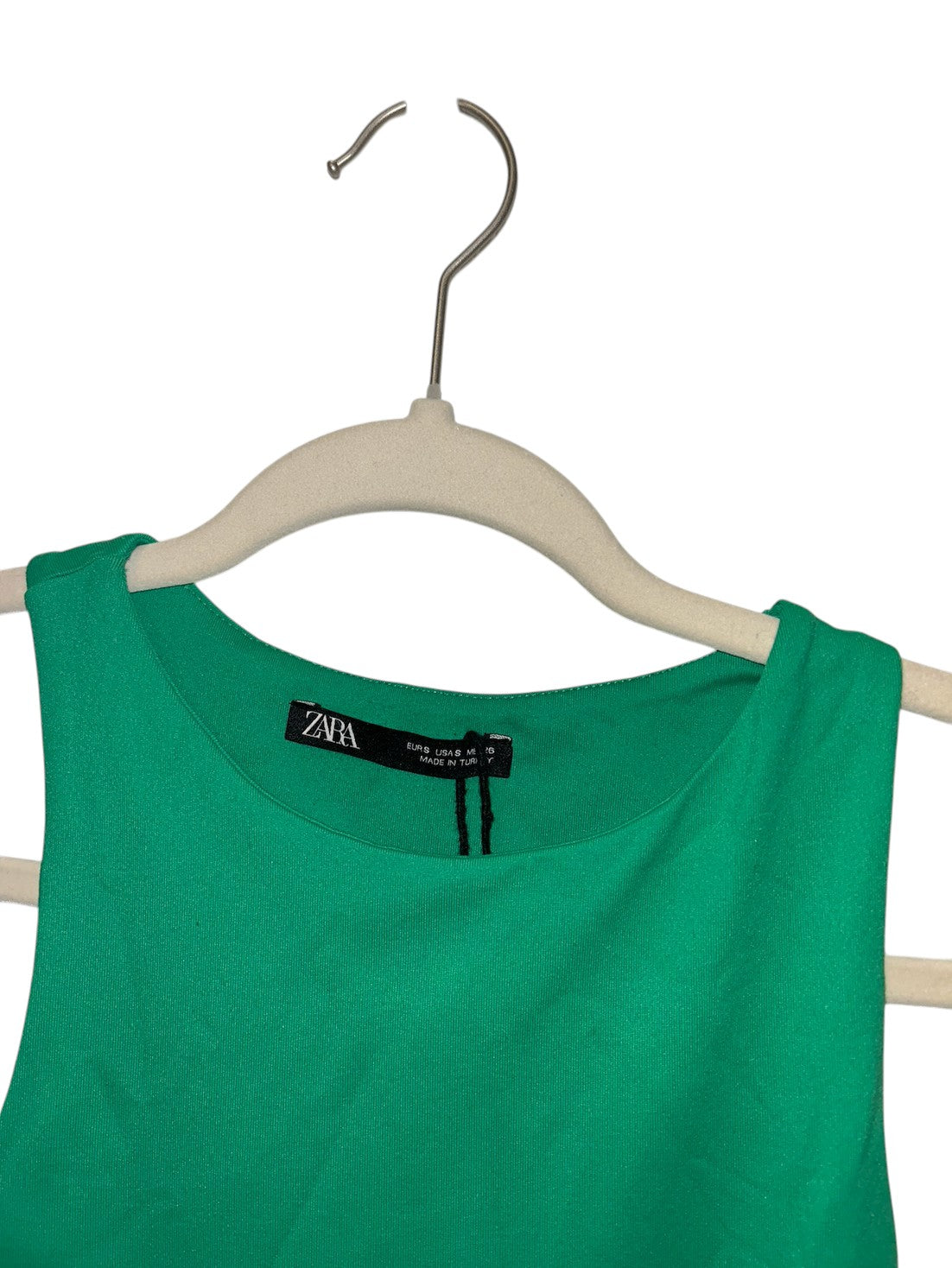 Zara green sleeveless bodysuit with high neckline and snap closure.