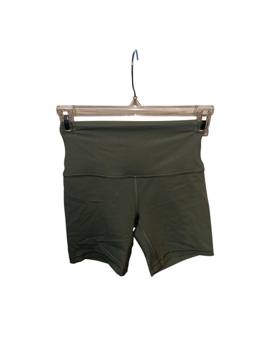 Lululemon olive green high-waisted biker shorts with a wide waistband, suitable for athletic or casual wear.