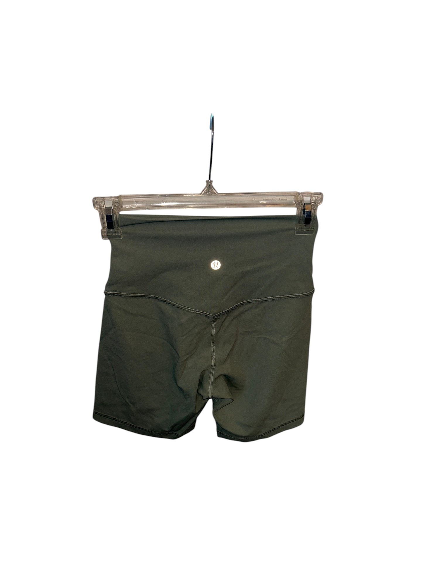 Lululemon olive green high-waisted biker shorts with a wide waistband, suitable for athletic or casual wear.