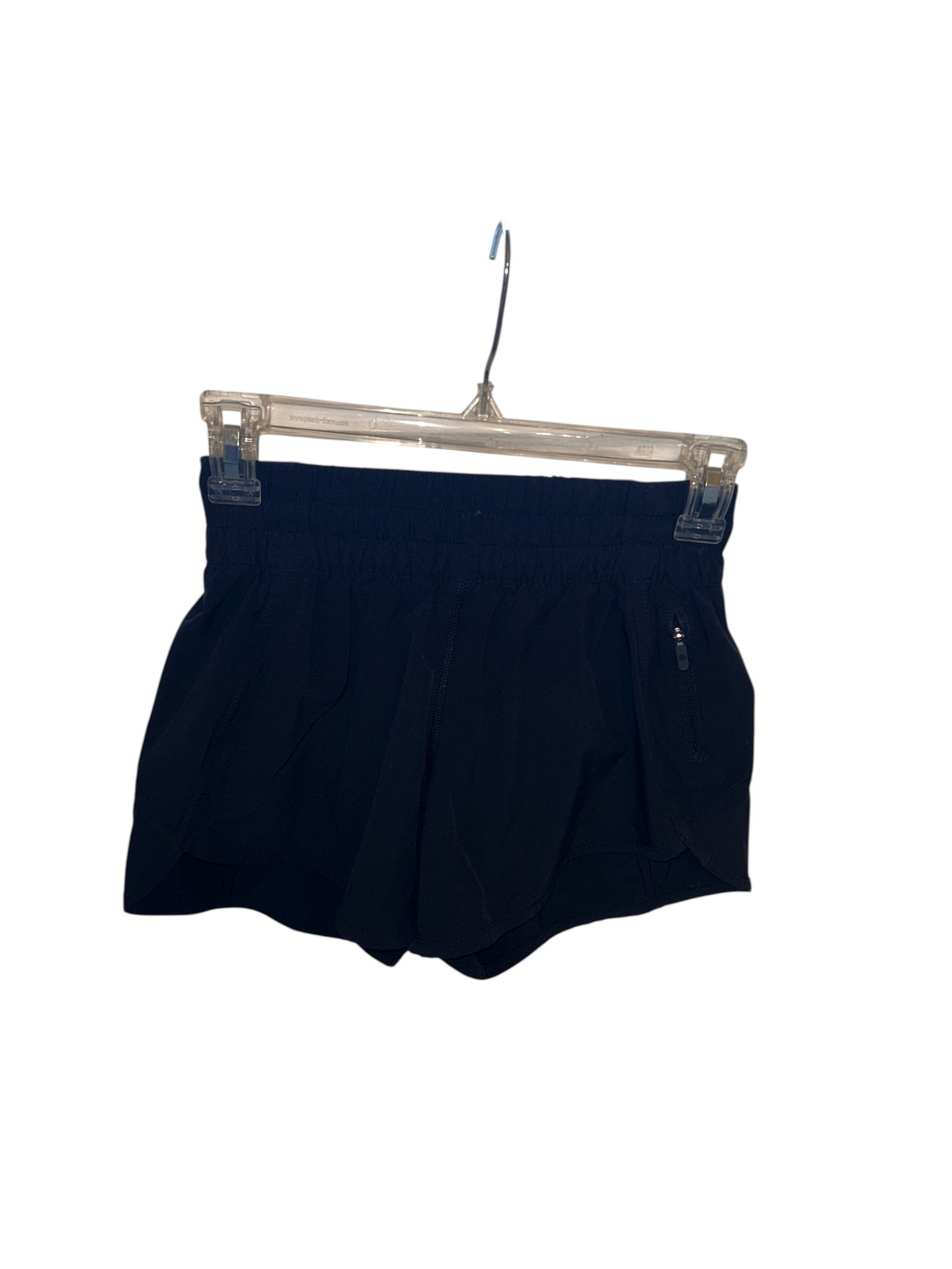 Lululemon black athletic running shorts with elastic waistband and zippered pocket.