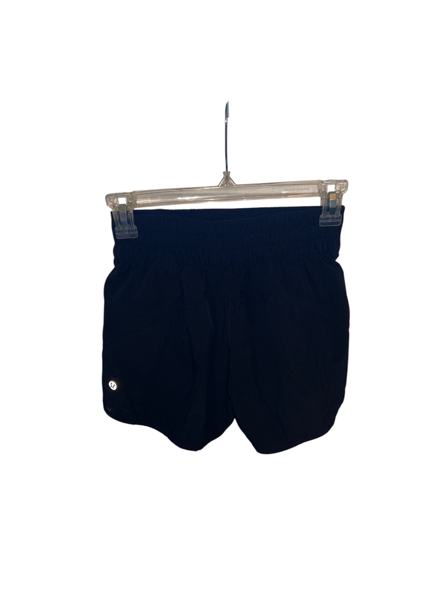 Lululemon black athletic running shorts with elastic waistband and zippered pocket.