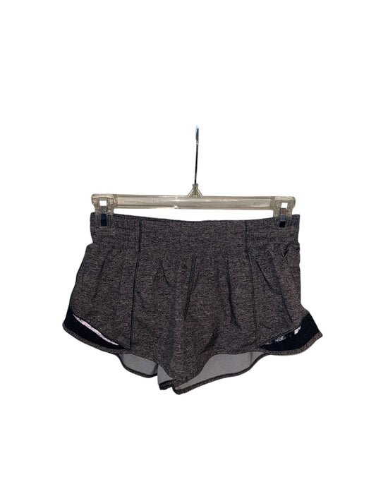 Lululemon women's heathered gray athletic running shorts with built-in liner and side vents.