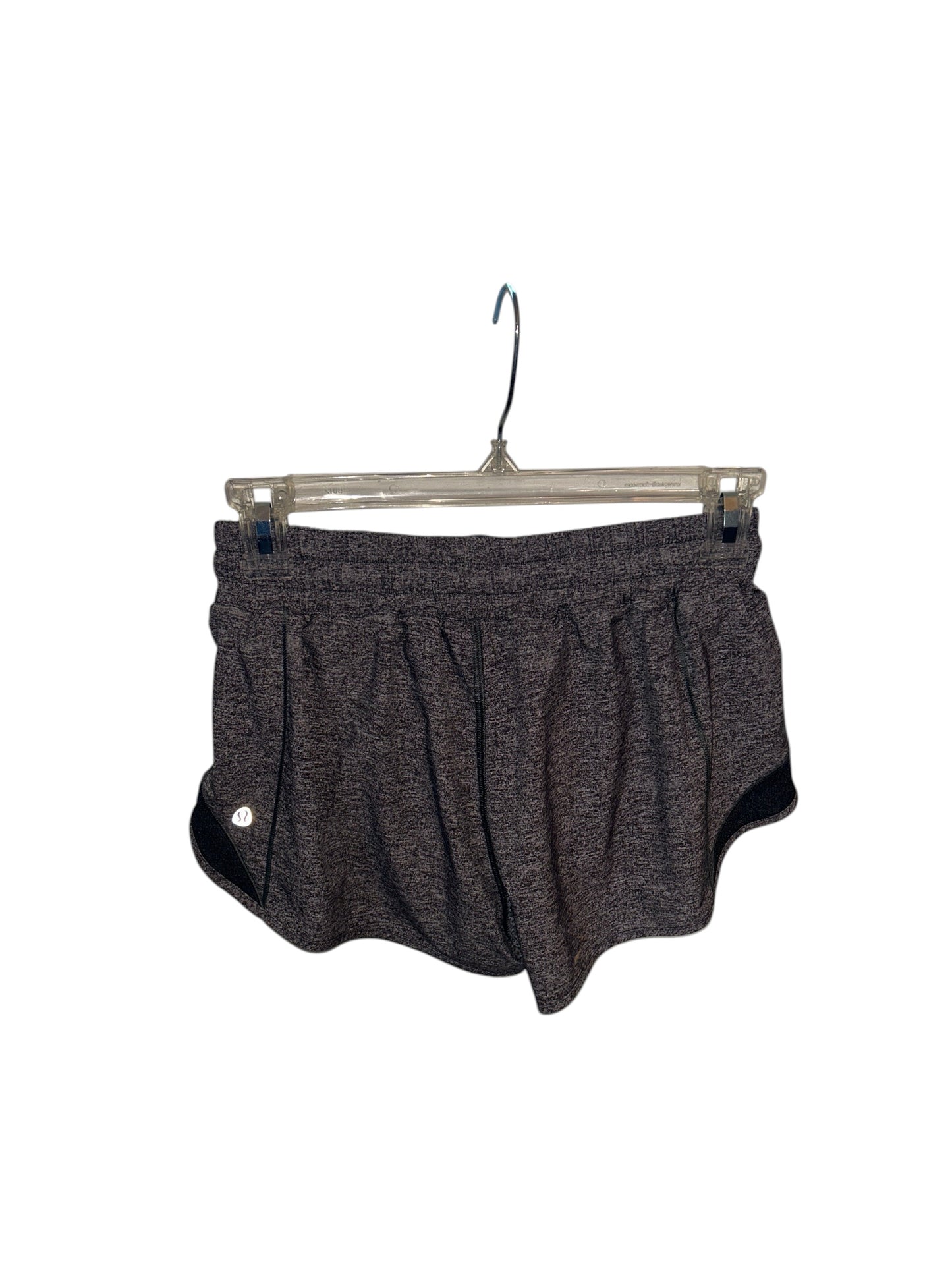 Lululemon women's heathered gray athletic running shorts with built-in liner and side vents.
