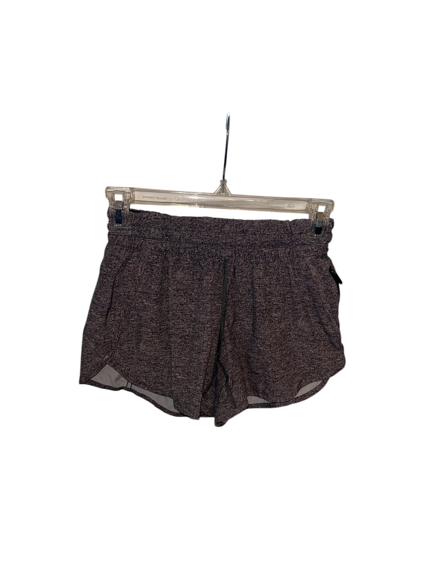 Lululemon heathered gray athletic running shorts with elastic waistband and drawstring.