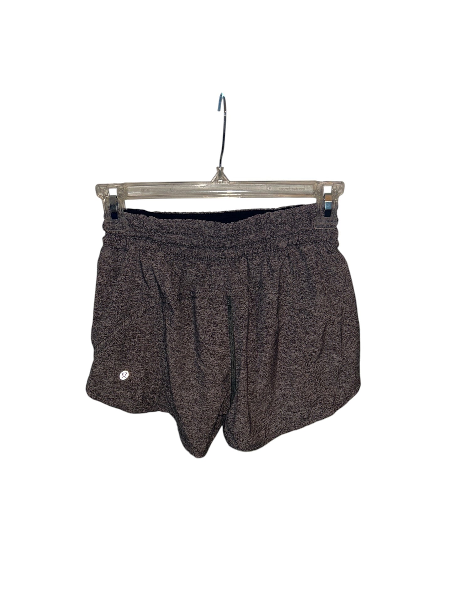 Lululemon heathered gray athletic running shorts with elastic waistband and drawstring.