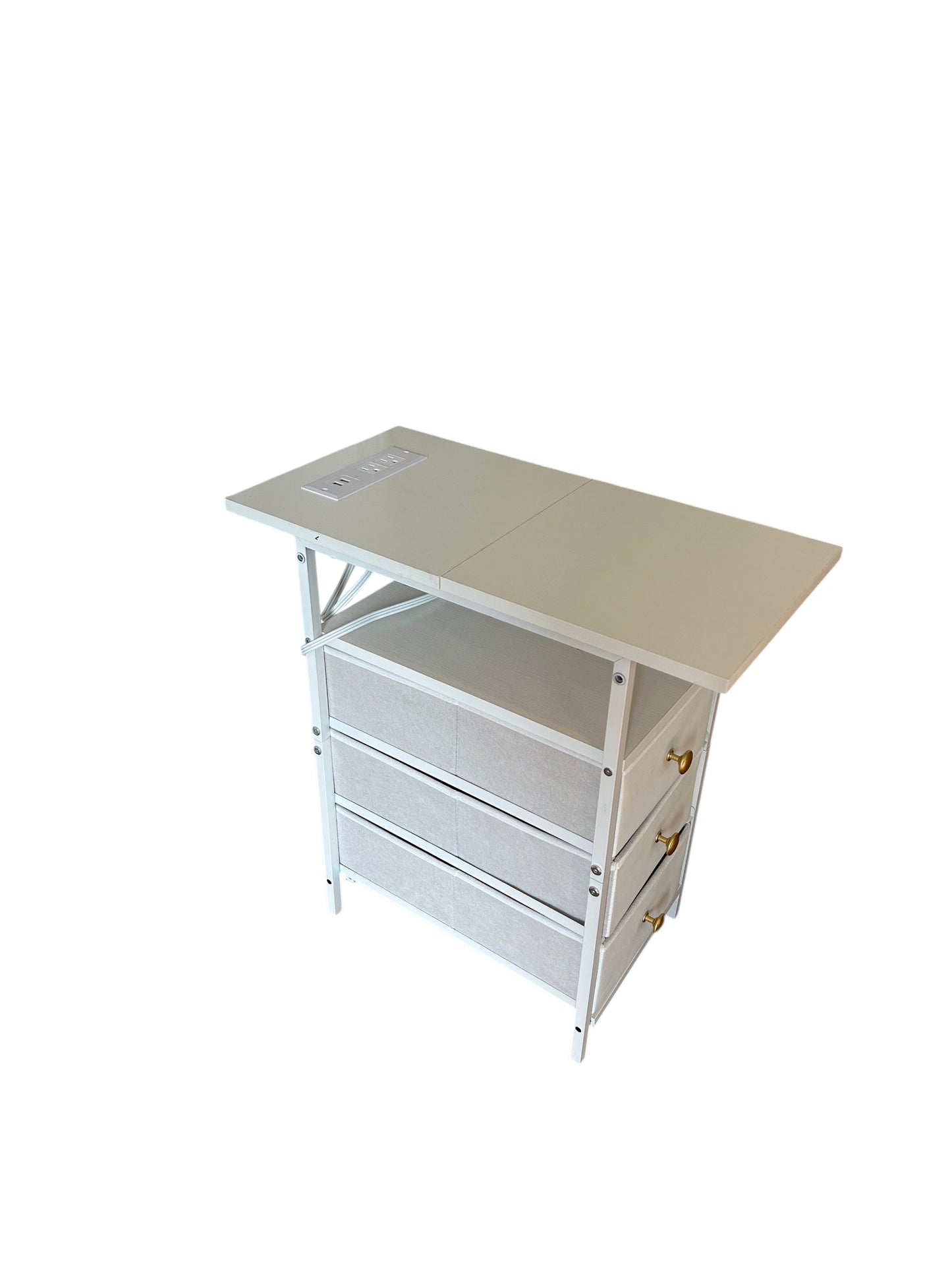 Compact white nightstand with three fabric drawers and gold knobs, featuring an open shelf and metal frame.