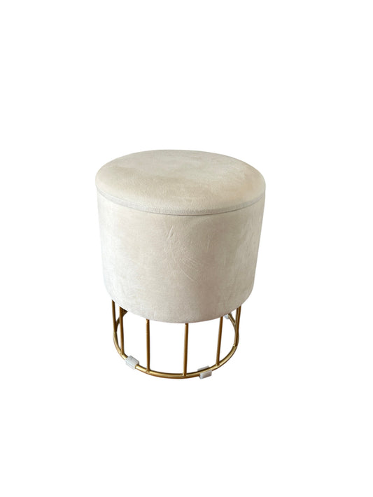 Round velvet storage ottoman with gold metal wire base.