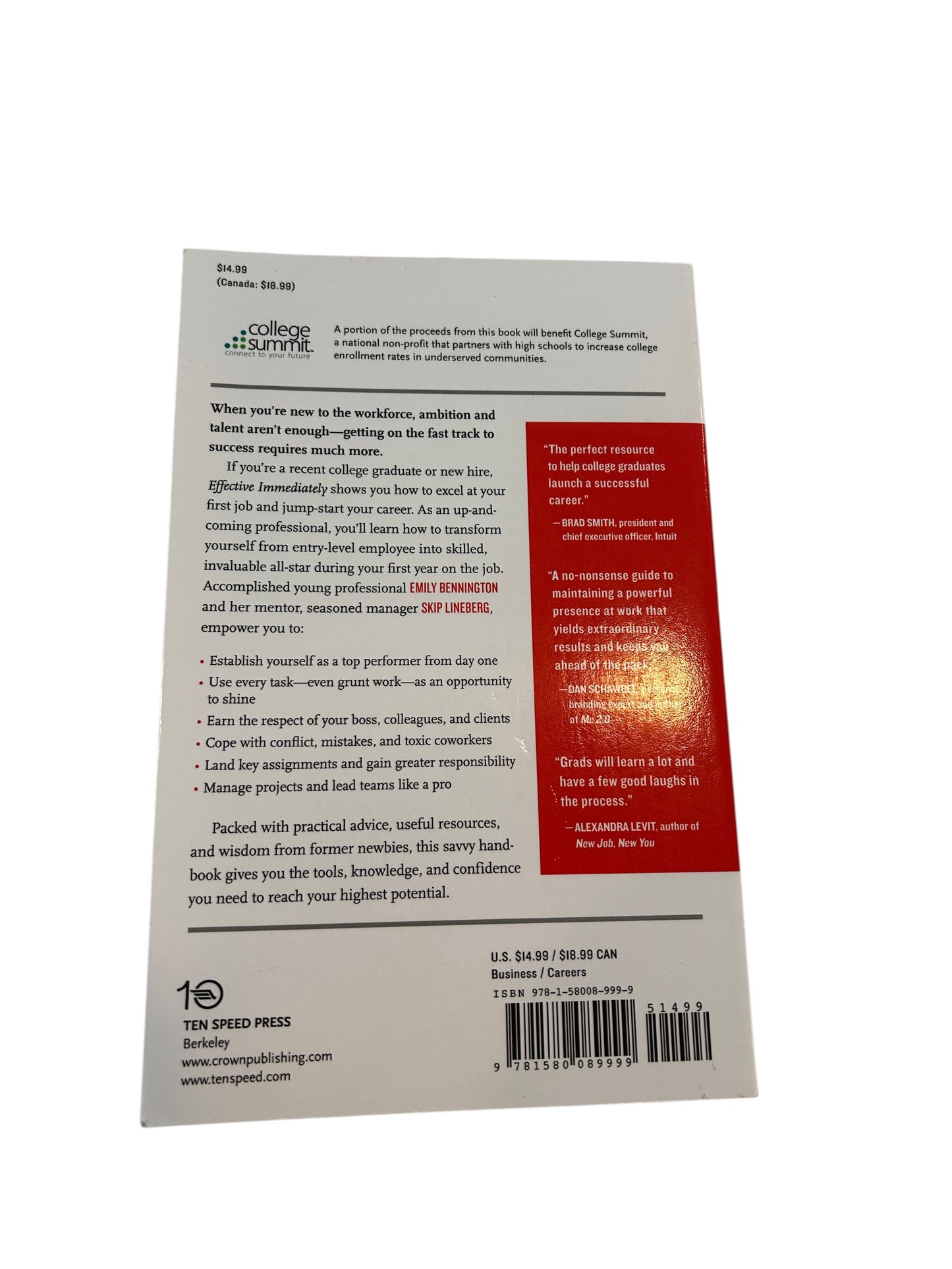 Career guide book 'Effective Immediately' about succeeding at your first job by Emily Bennington and Skip Lineberg.