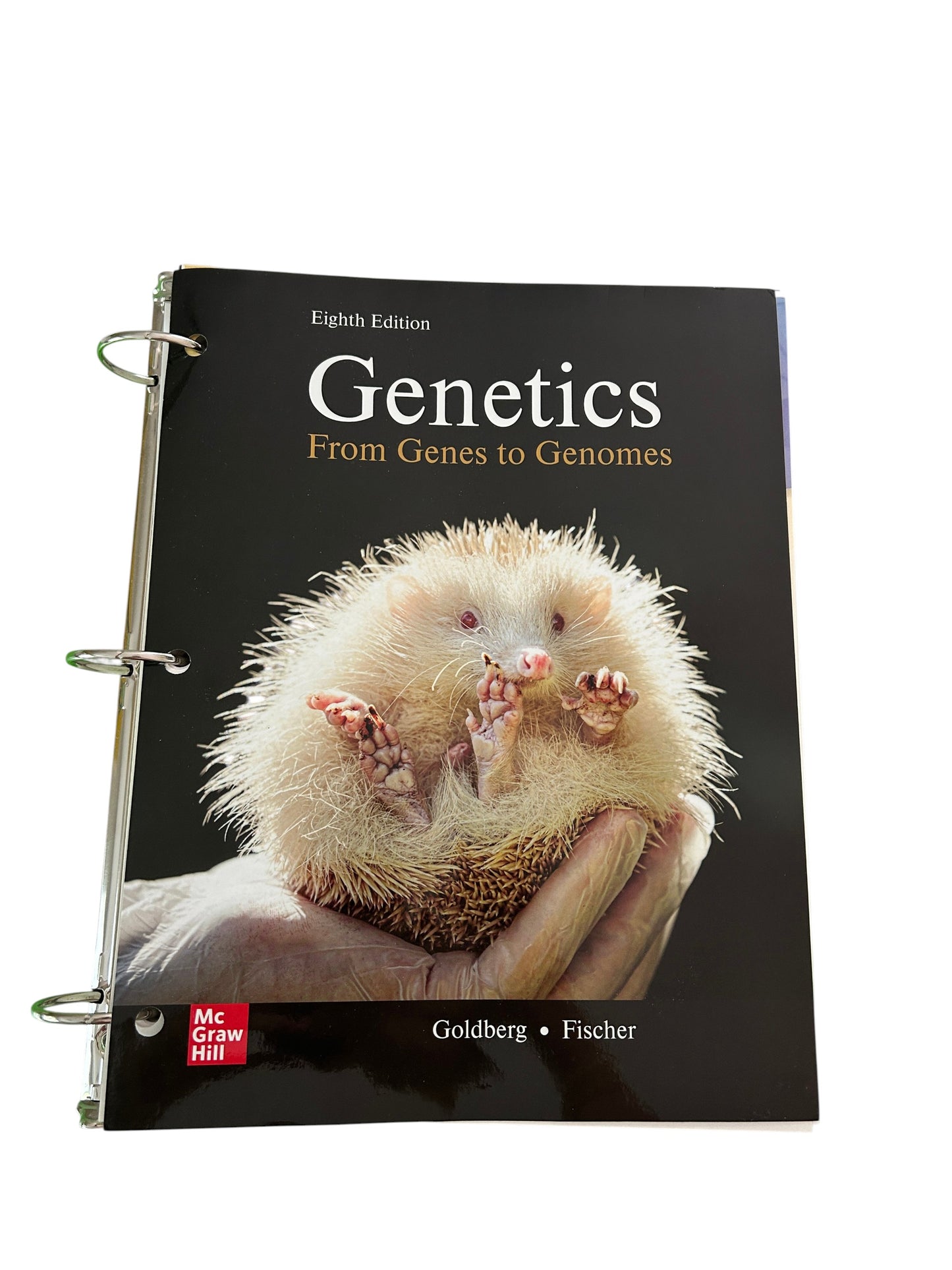 Genetics: From Genes to Genomes textbook, Eighth Edition by Goldberg and Fischer, published by McGraw Hill, in a three-ring binder.