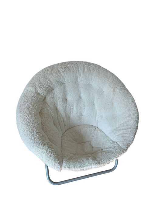 White faux fur saucer chair with metal frame, popular for dorm rooms and lounging.