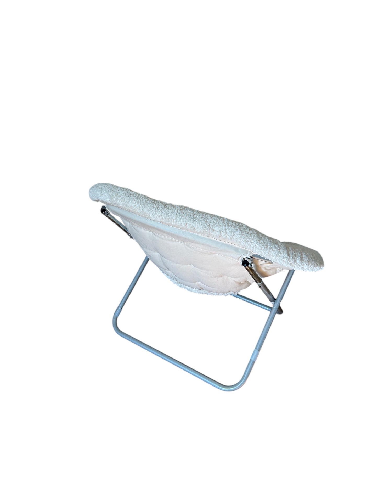 White faux fur saucer chair with metal frame, popular for dorm rooms and lounging.