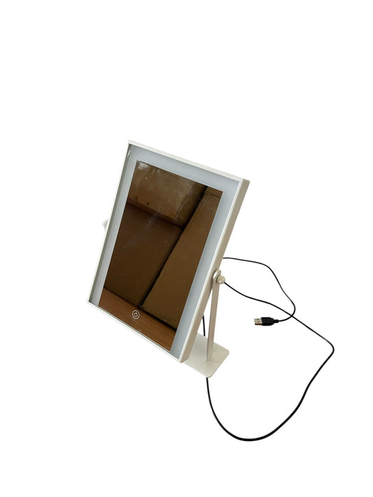 White LED lighted vanity makeup mirror with adjustable stand and USB power cable.