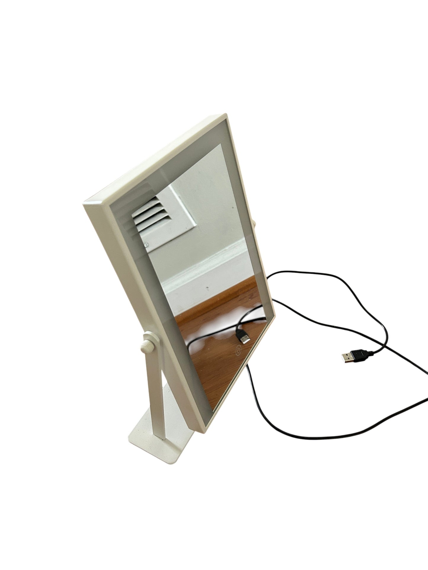 White LED lighted vanity makeup mirror with adjustable stand and USB power cable.