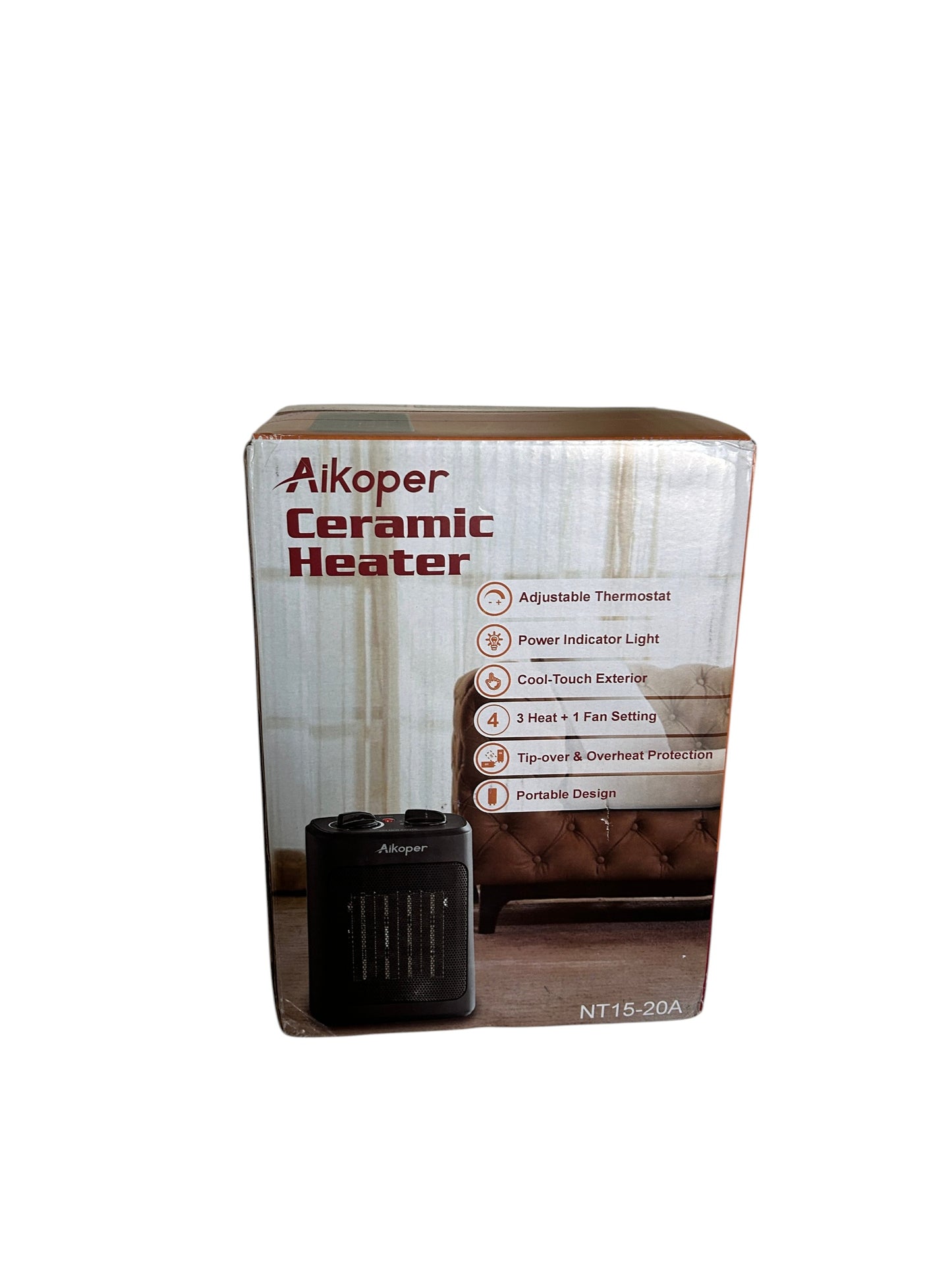 Aikoper portable ceramic space heater with adjustable thermostat and multiple heat settings, new in box.