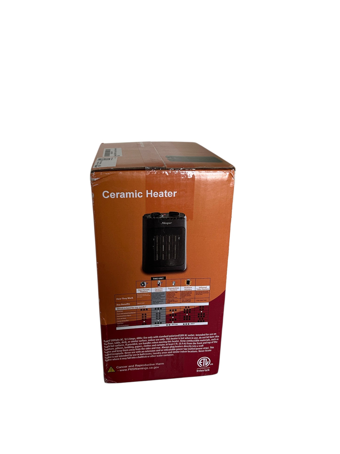 Aikoper portable ceramic space heater with adjustable thermostat and multiple heat settings, new in box.