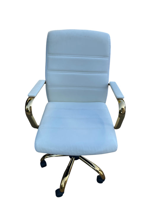 Wayfair white leather office chair with gold-tone metal frame and rolling wheels.