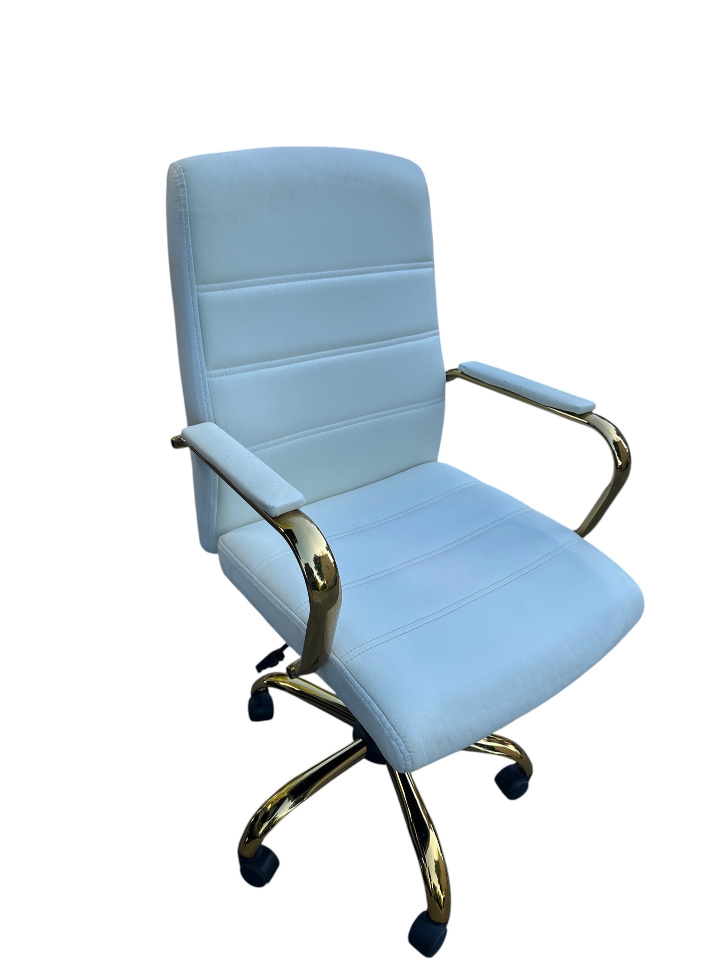 Wayfair white leather office chair with gold-tone metal frame and rolling wheels.
