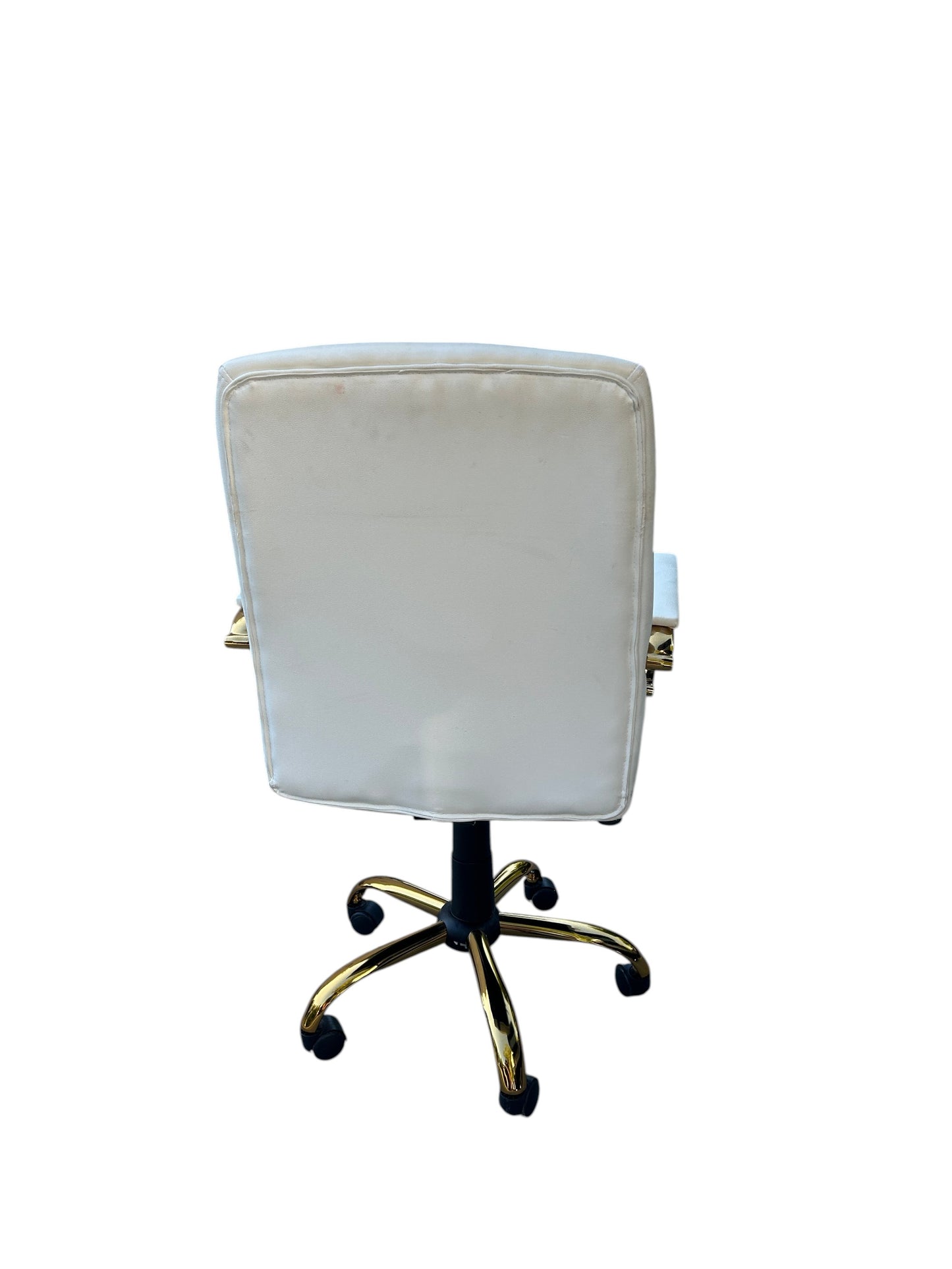 Wayfair white leather office chair with gold-tone metal frame and rolling wheels.