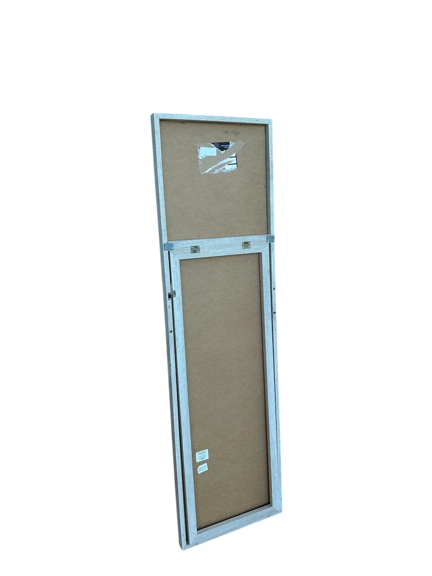 Full-length standing floor mirror with a slim light wooden frame.